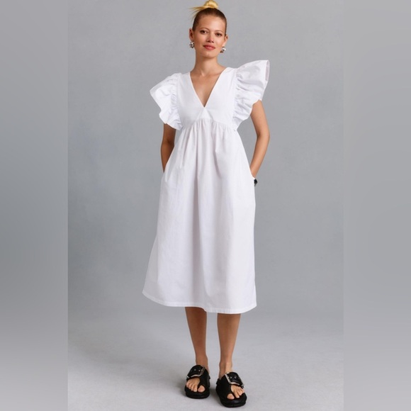 NWT** Maeve Flutter Sleeve Babydoll Dress White Size Medium Anthropologie - Picture 1 of 9